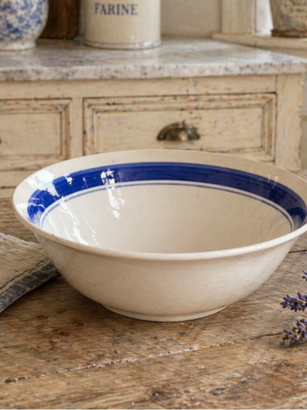 Vintage Double Blue Band Ceramic Serving Bowl. Speckled | Classic | 9” Ivory